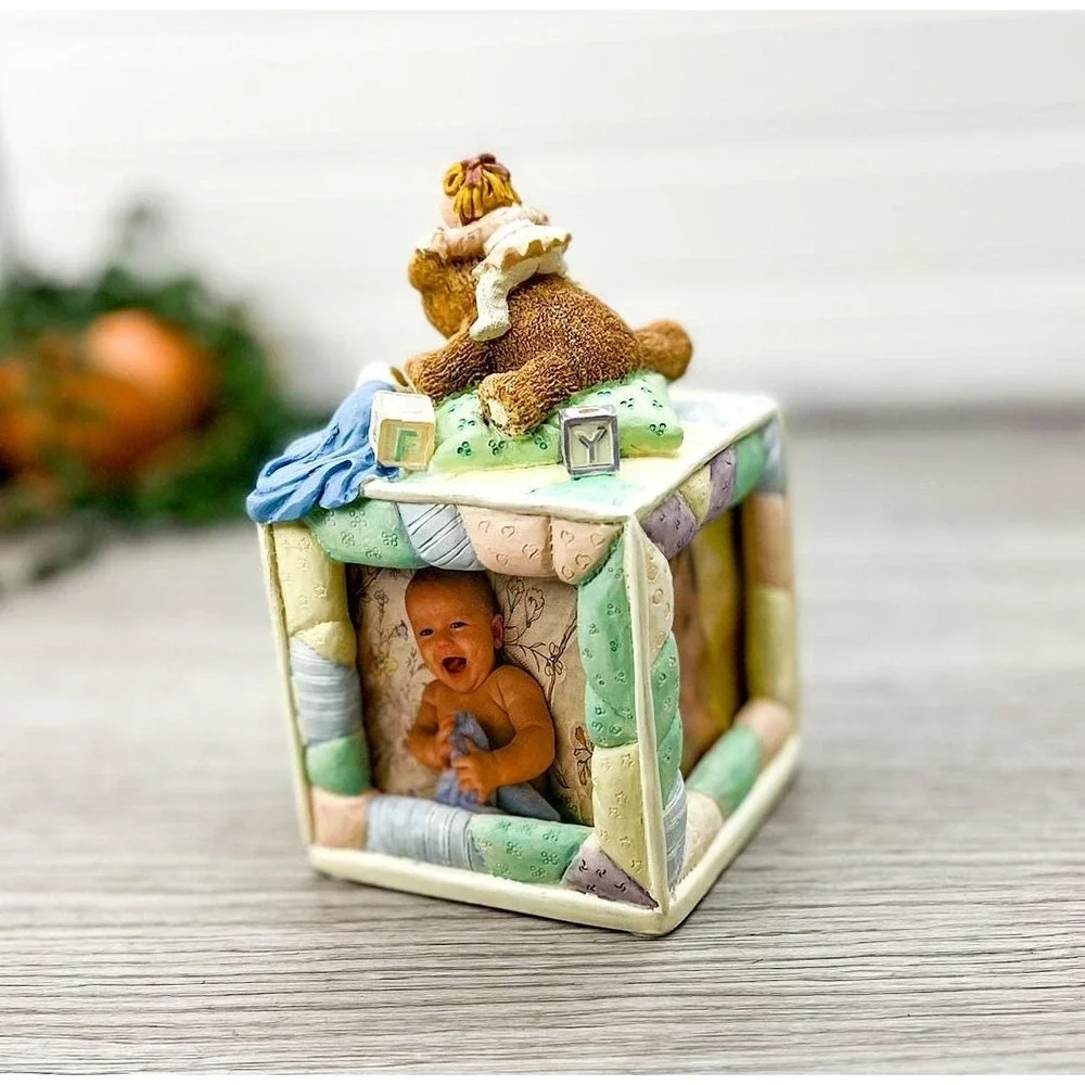 Vintage Musical Baby Photo Cube: Teddy Bear Nursery Decor